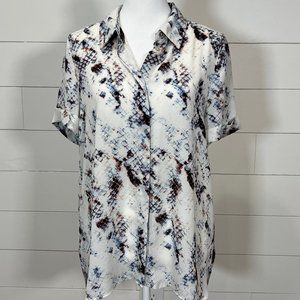Cynthia Rowley White Burgundy & Blue Short Sleeve Button Front Blouse Si…